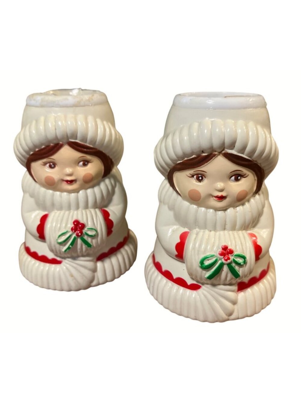 Vintage Avon Christmas Girl Taper Candle Holders Set Of 2 White Plastic